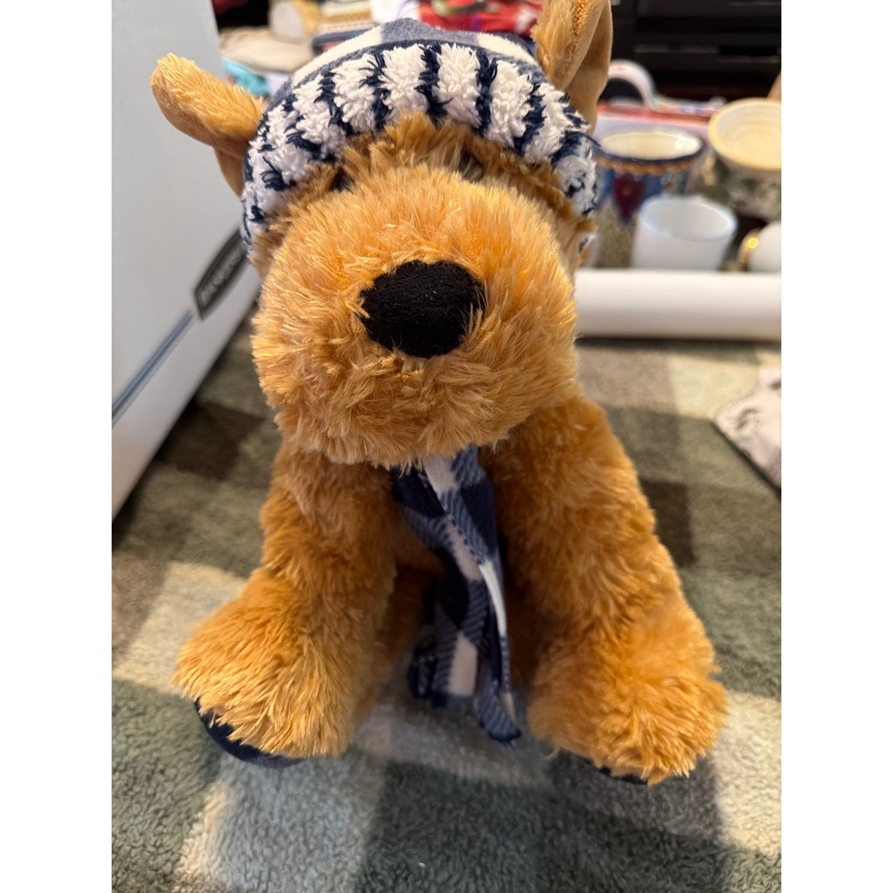 Gentle Treasures Plush Dog Tan Winter Hat Scarf Blue Plaid Paws 13 Inch Stuffed